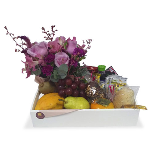 cesta de frutas e flores bom dia pra ela